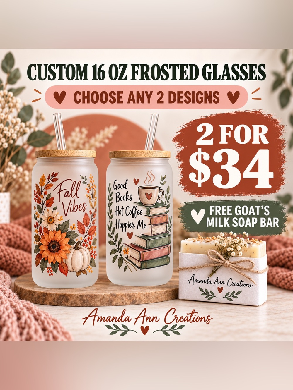 2 Custom 16oz Frosted Glass Tumblers + Free Soap bar